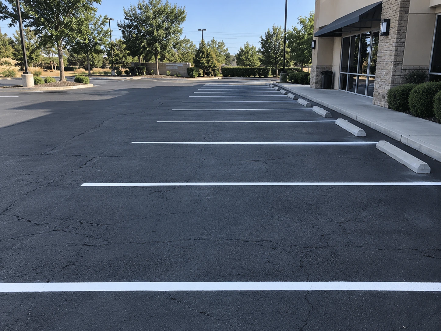 Crisp new white stall lines and wheel stops in a commercial parking lot next to a storefront